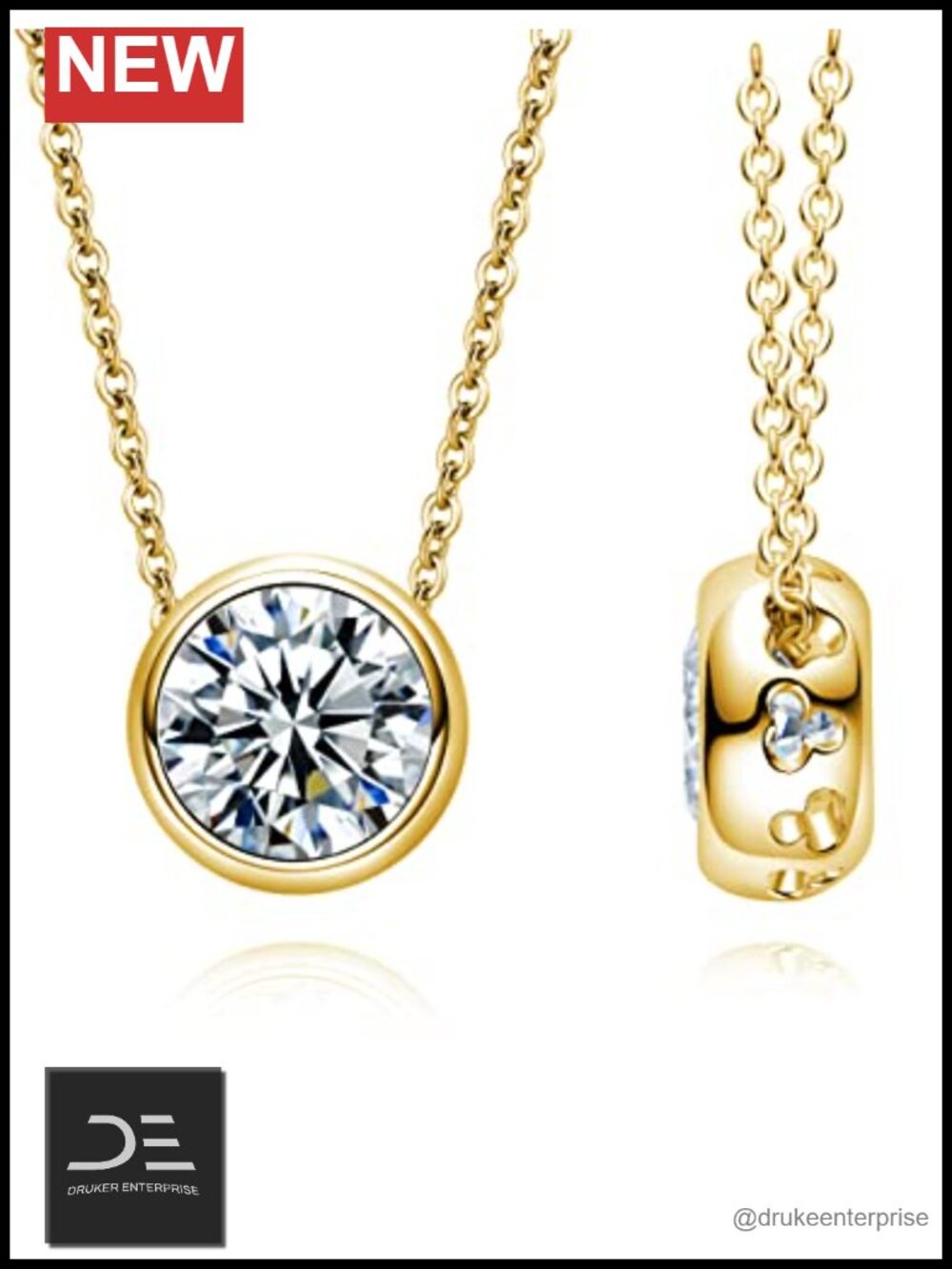 Moissanite Bezel Pendant Necklace for Women, 2 CT Round Cut 18K Gold Plated